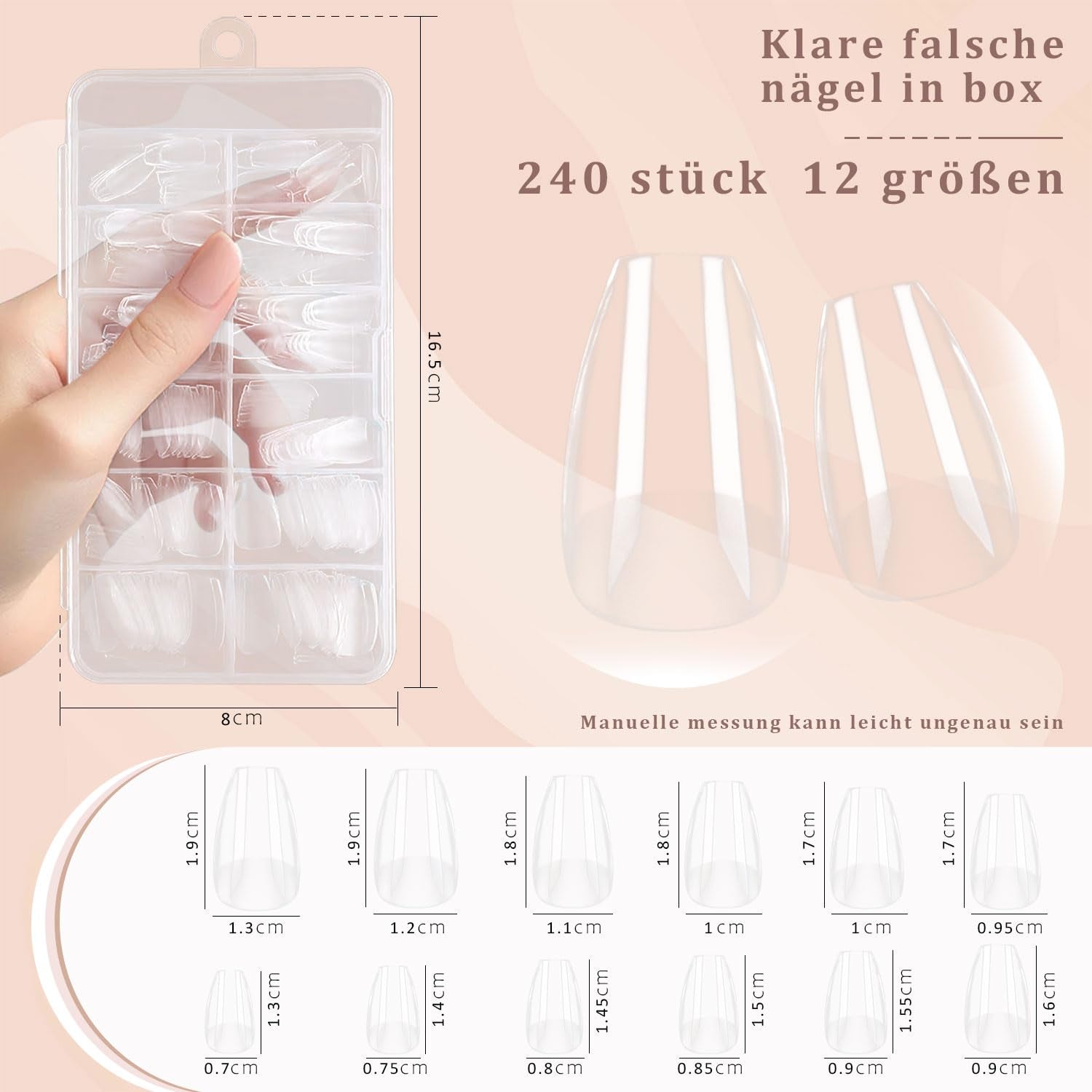 Kurze Coffin Nail Tips Set, 240 Nageltips Für Gelnägel, Stück Full Cover Nail Tips, Mit Nagelhautzange, Nagelhautschieber, Nagelfeile 100/180, Nagelpolierblock, Nagelstaubpinsel, 12 Größen