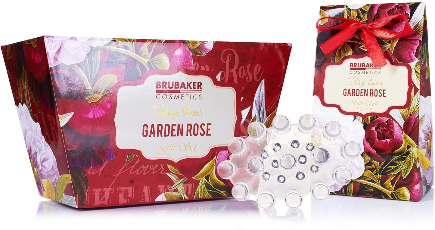 BRUBAKER Cosmetics Bade- Und Dusch Set Floraler Rosen- Und Veilchen Duft - 7-Teilig - Vintage Blumen Geschenkset Mit Massage-Acryl