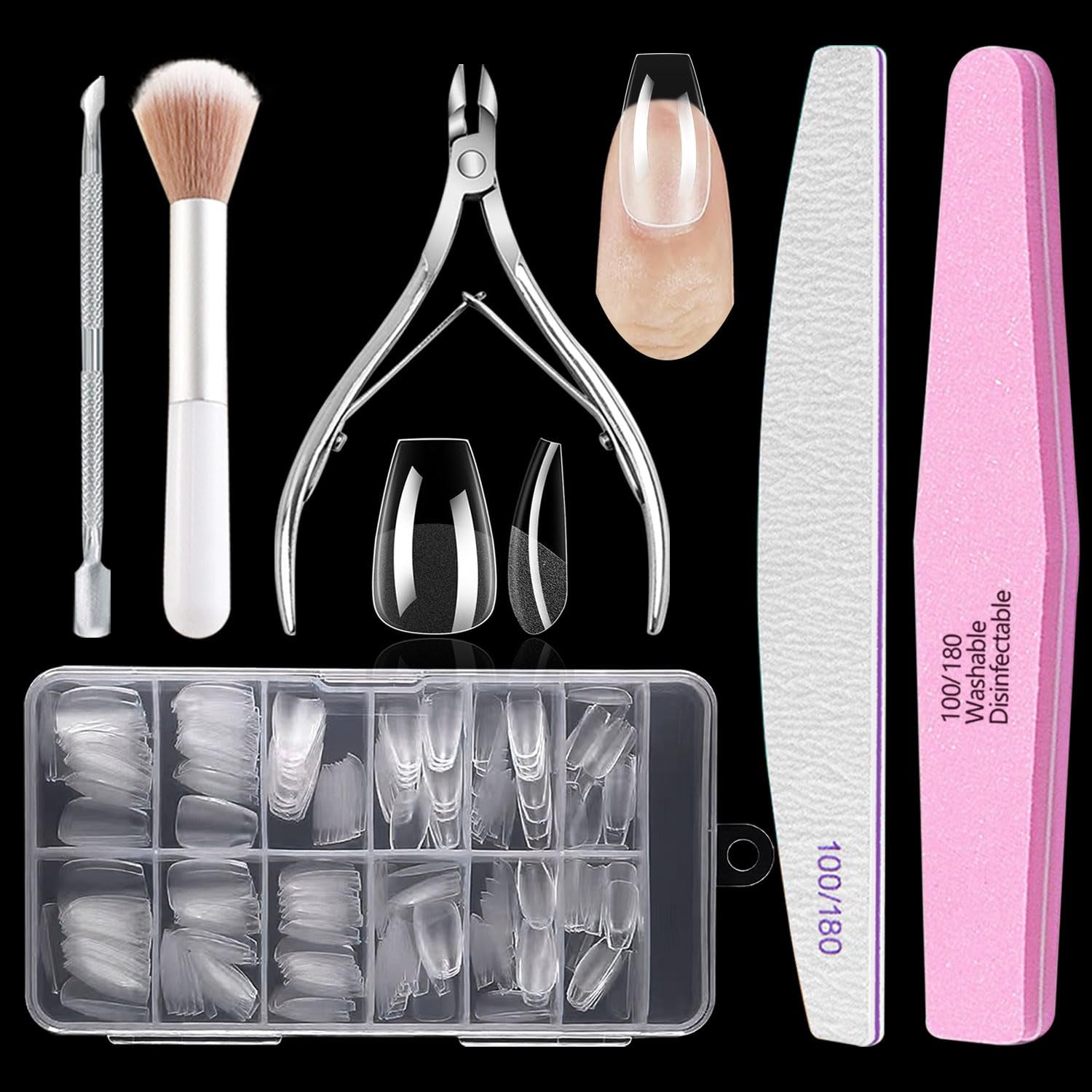 Kurze Coffin Nail Tips Set, 240 Nageltips Für Gelnägel, Stück Full Cover Nail Tips, Mit Nagelhautzange, Nagelhautschieber, Nagelfeile 100/180, Nagelpolierblock, Nagelstaubpinsel, 12 Größen